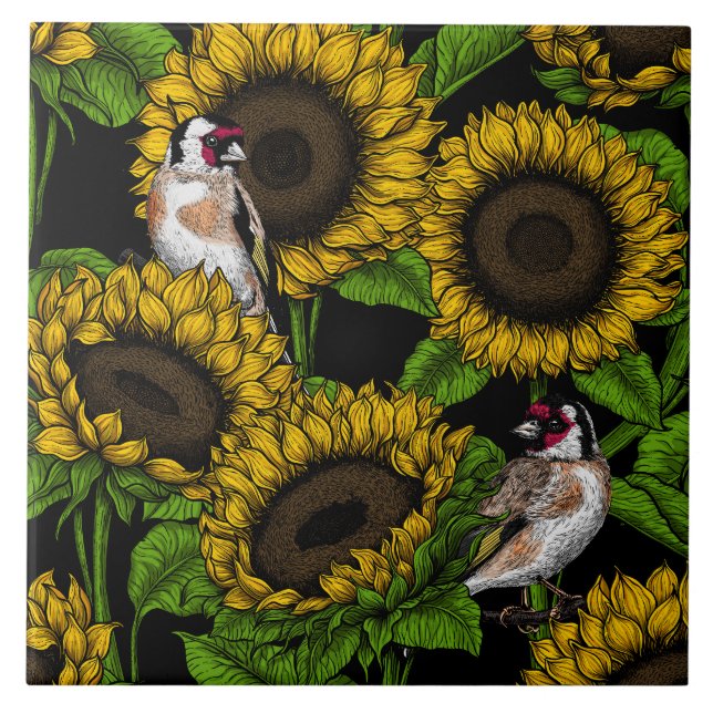 Azulejo Flores de sol y ataúdes en negro (Frente)