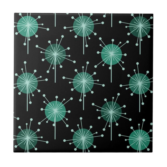 Azulejo Flores de Starburst Sputnik Verde azuladas negras (Frente)