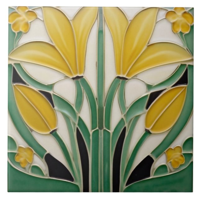 Azulejo Flores de tulipanes amarillos de Art Nouveau moder (Frente)