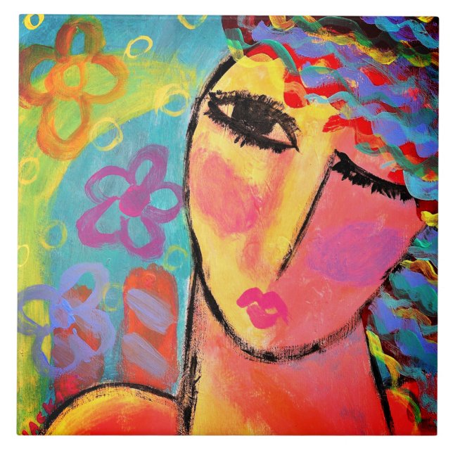 Azulejo Flores de verano retrato abstracto de una mujer (Frente)
