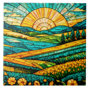 Azulejo Flores Doradas Campo Verde Falso Vidrio Teñido