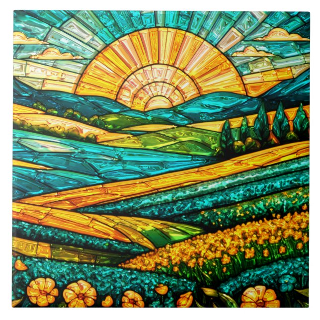 Azulejo Flores Doradas Campo Verde Falso Vidrio Teñido (Frente)