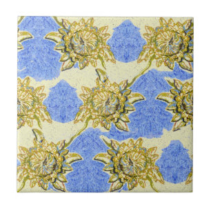 Azulejo Flores doradas dibujadas a mano con fondo azul