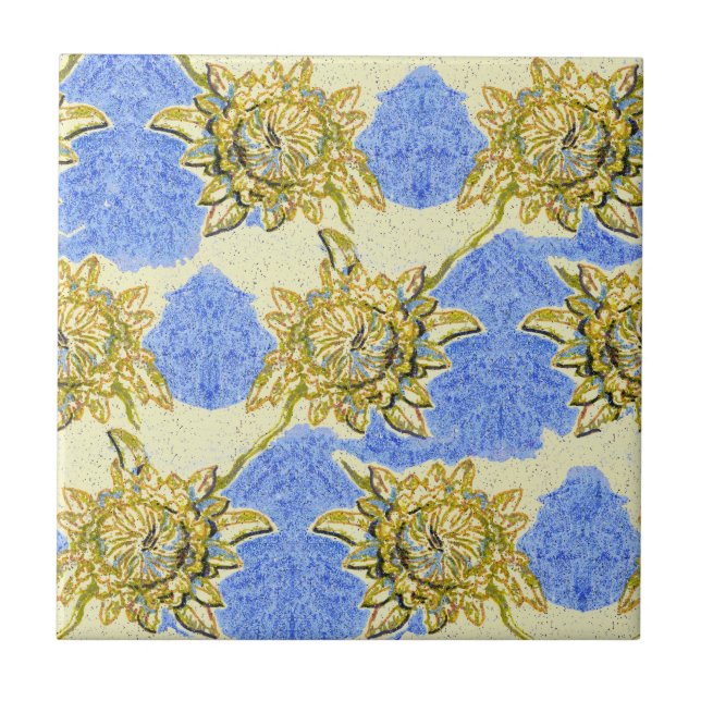 Azulejo Flores doradas dibujadas a mano con fondo azul (Frente)