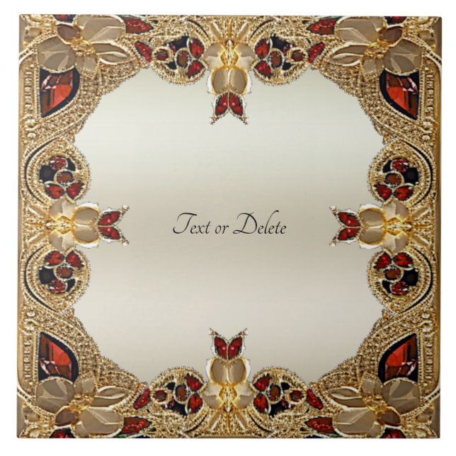 Azulejo Flores doradas mosaico de cerámica Gemstone rojo (Frente)