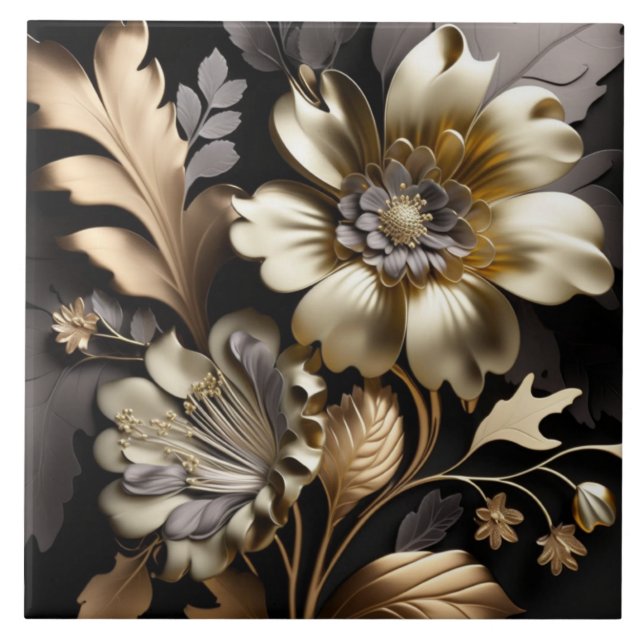 Azulejo Flores doradas plateadas modernas cerámica (Frente)