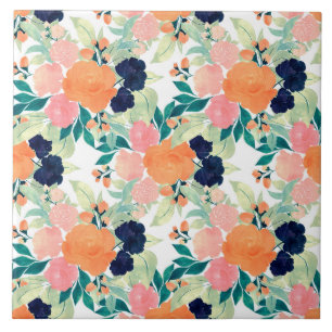 Azulejo Flores Elegantes de Acuarela Azul Rosa Naranja Flo