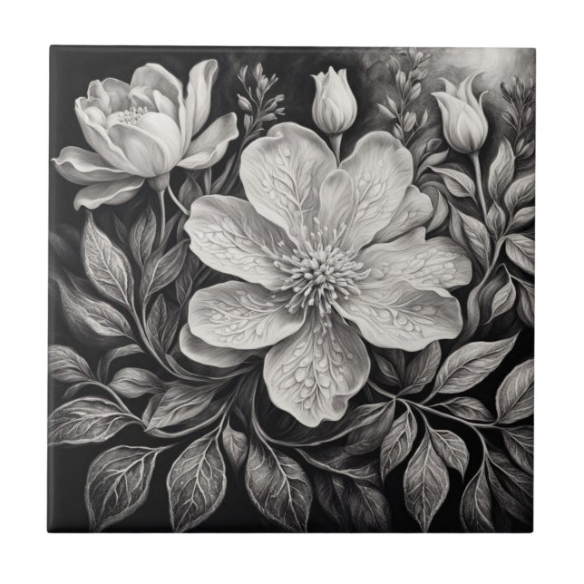 Azulejo Flores en Blanco y Negro (Frente)