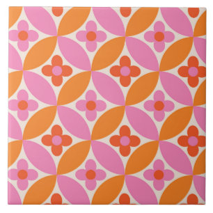 Azulejo Flores en círculos rosa naranja de mediados de sig