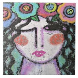 Azulejo Flores en el pelo Retrato abstracto de una mujer