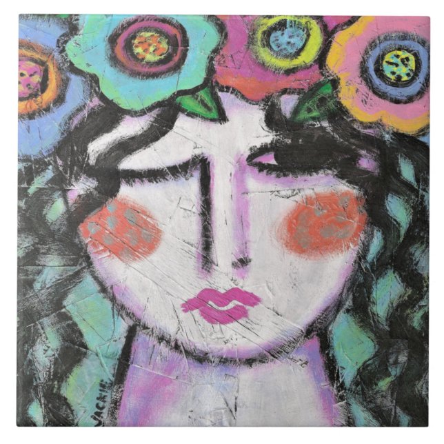 Azulejo Flores en el pelo Retrato abstracto de una mujer (Frente)