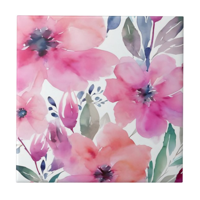 Azulejo Flores en Flor | Flores Rosadas Pintadas con Acuar (Frente)