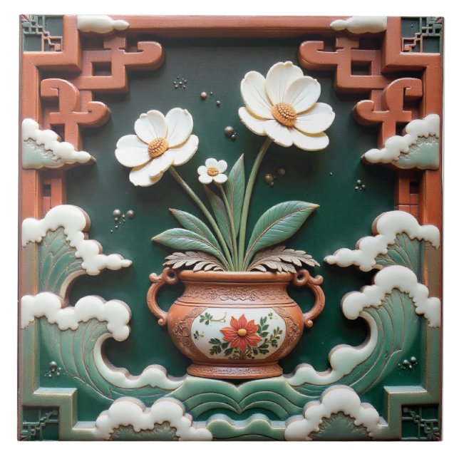 Azulejo Flores en olas de jade (Frente)