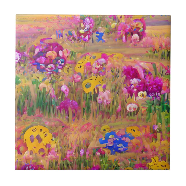 Azulejo Flores en un campo brillante arte digital psicodél (Frente)