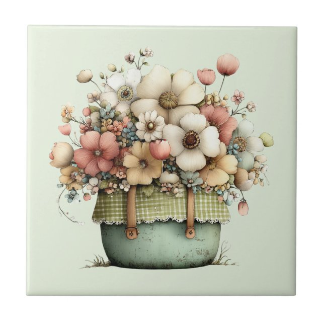 Azulejo Flores en una maceta acogedora shabby lindas (Frente)