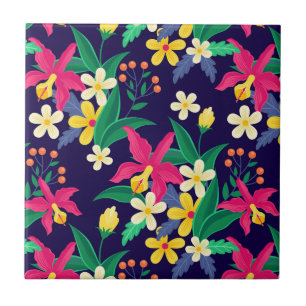 Azulejo Flores Exóticas Coloridas Patrón de Hojas-23021