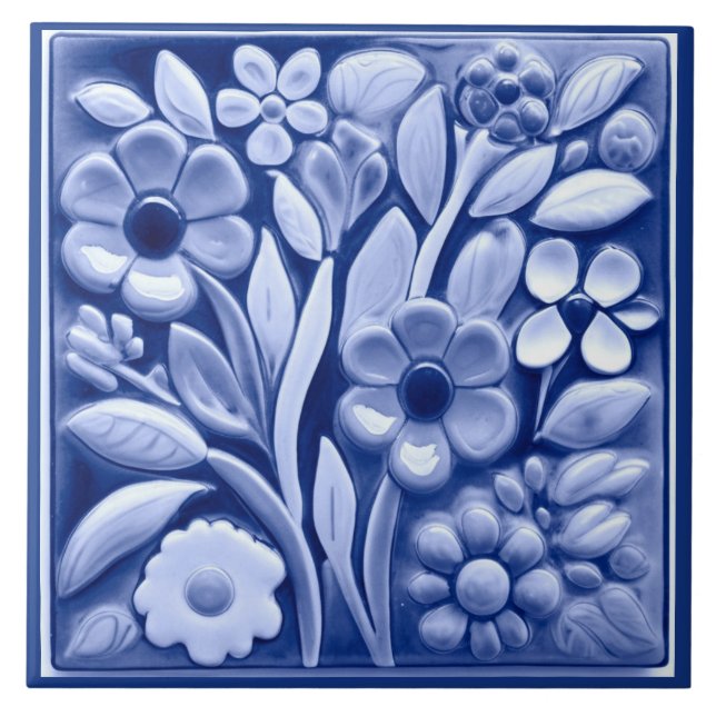 Azulejo Flores florales azules y oscuras de Faux Relief (Frente)