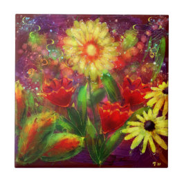 Azulejo Flores florales Flores Abstracto Art Rojo Amarillo