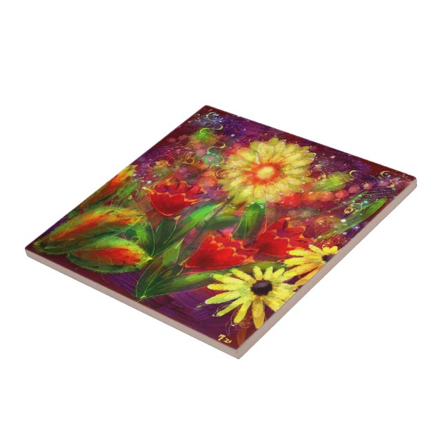 Azulejo Flores florales Flores Abstracto Art Rojo Amarillo (Lado)