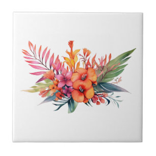 Azulejo Flores Florales Tropicales Rosa Melocotón Amarillo