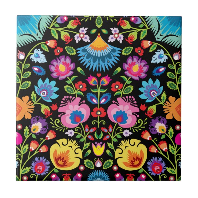 Azulejo Flores folclóricas Wycinanki negro  (Frente)