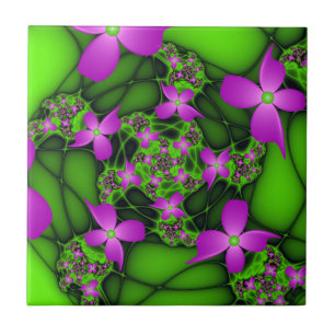 Azulejo Flores fractales abstractas modernas rosa verde ne