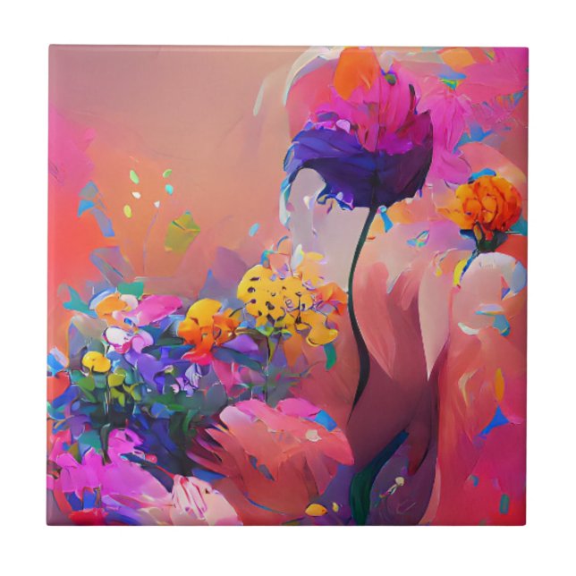 Azulejo Flores fucsia arte digital púrpura amarillo (Frente)