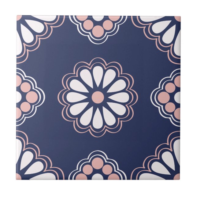 Azulejo Flores geométricas azules, blancas y rosadas (Frente)