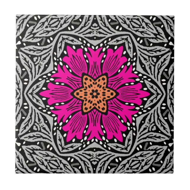 Azulejo Flores geométricas - rosa y gris de la fucsia (Frente)
