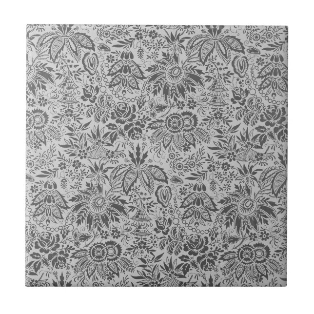 Azulejo flores grises vintage patrón floral (Frente)