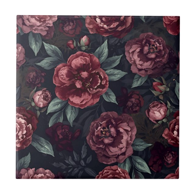 Azulejo Flores Malhumoradas Patrón Acuarela Rojo Oscuro (Frente)