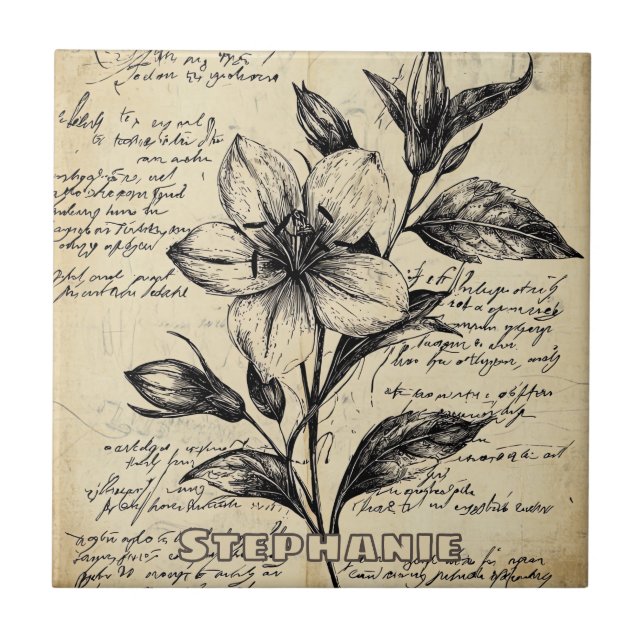 Azulejo Flores Marrón Antiguo Caligrafía Pergamino (Frente)