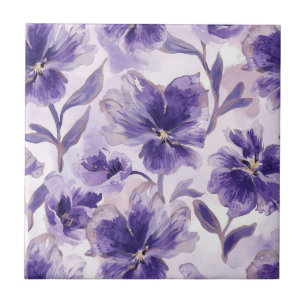 Azulejo Flores Moradas Acuarela Flores Púrpuras Pintadas