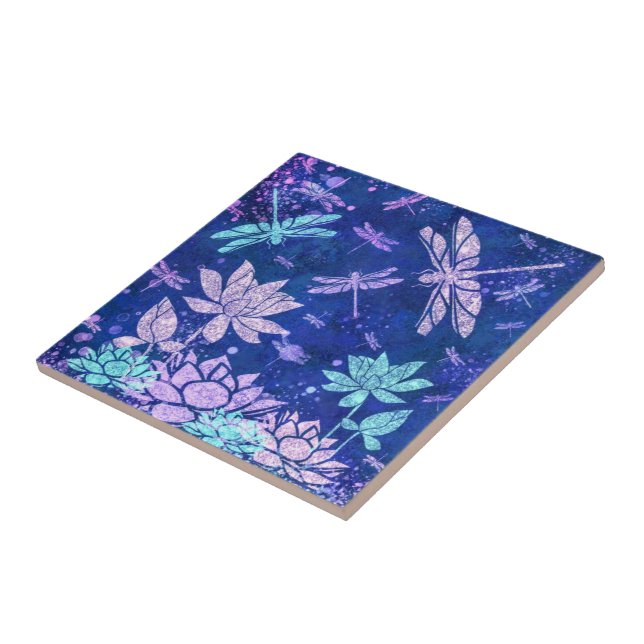 Azulejo Flores moradas azules Dragonflies Tile cerámico (Lado)
