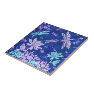 Azulejo Flores moradas azules Dragonflies Tile cerámico