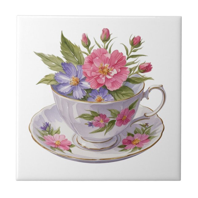 Azulejo Flores moradas rosas en la cosecha de antigüedades (Frente)