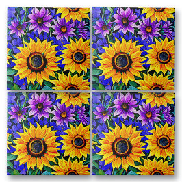 Azulejo Flores moradas y flores amarillas de girasol