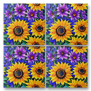 Azulejo Flores moradas y flores amarillas de girasol