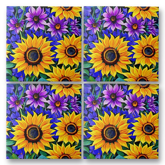 Azulejo Flores moradas y flores amarillas de girasol (Subido por el creador)