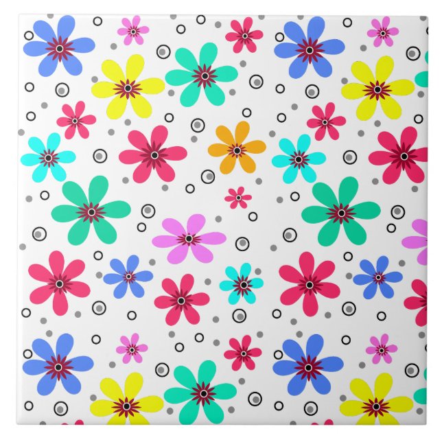 Azulejo Flores multicolores daisies fondo retro sumario (Frente)