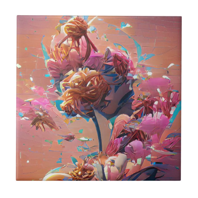Azulejo Flores naranja arte digital rosa (Frente)