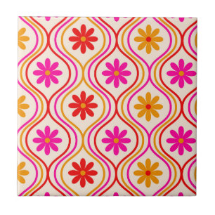 Azulejo Flores naranjas rosadas rojas retro sobre patrón O