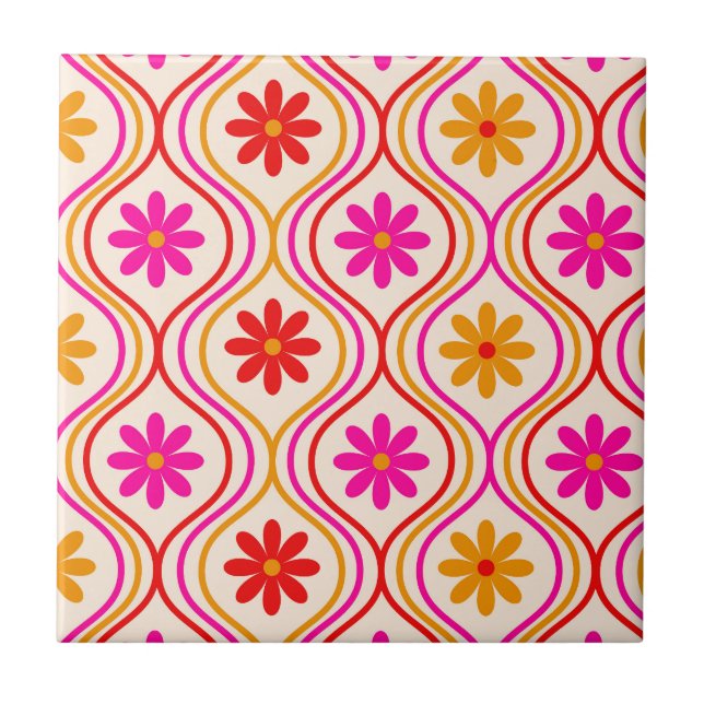 Azulejo Flores naranjas rosadas rojas retro sobre patrón O (Frente)