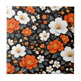 Azulejo Flores naranjas y blancas vibrantes sobre negro