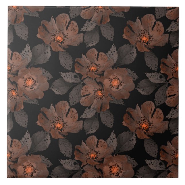 Azulejo Flores naranjas y marrones sobre un fondo negro. (Frente)