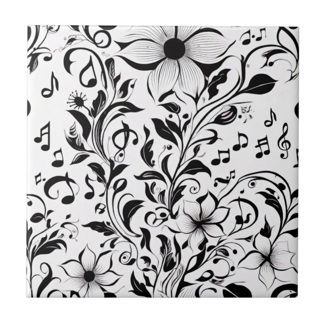 Azulejo Flores negras y blancas y notas musicales (Frente)