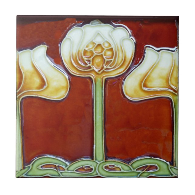 Azulejo Flores nouveau Lotus de estilo Art Nouveau antigua (Frente)