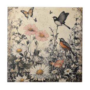 Azulejo Flores, pájaros y mariposa sobre papel envejecido