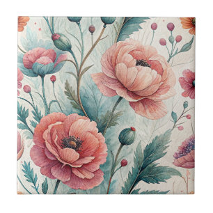 Azulejo Flores Pintadas a Mano - Jardín Floral Coral y Sal