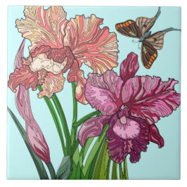 Azulejo Flores pintadas, iris y mariposa en la menta